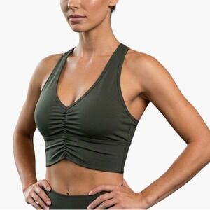 Noli Yoga Sports Bra Ruched V-Neck Racerback Olive Green Women's Size S